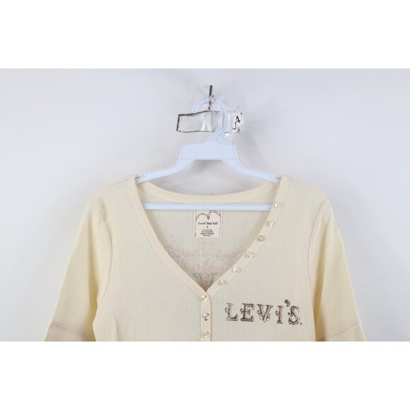 Vtg Y2K Levis Woemns Large Babydoll Cropped Thermal Waffle Knit Henley T-Shirt - Picture 2 of 14